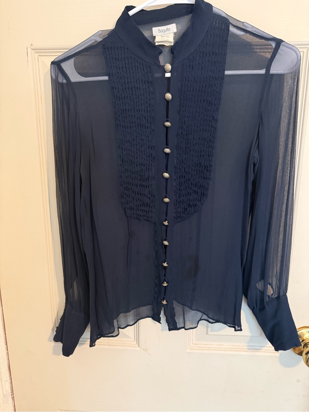 Bagutta Navy Sheer Pintuck-Front Button Blouse